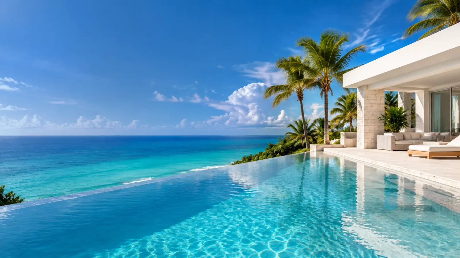 Luxury white beach villa with a pool, palm trees, and turquoise Caribbean sea