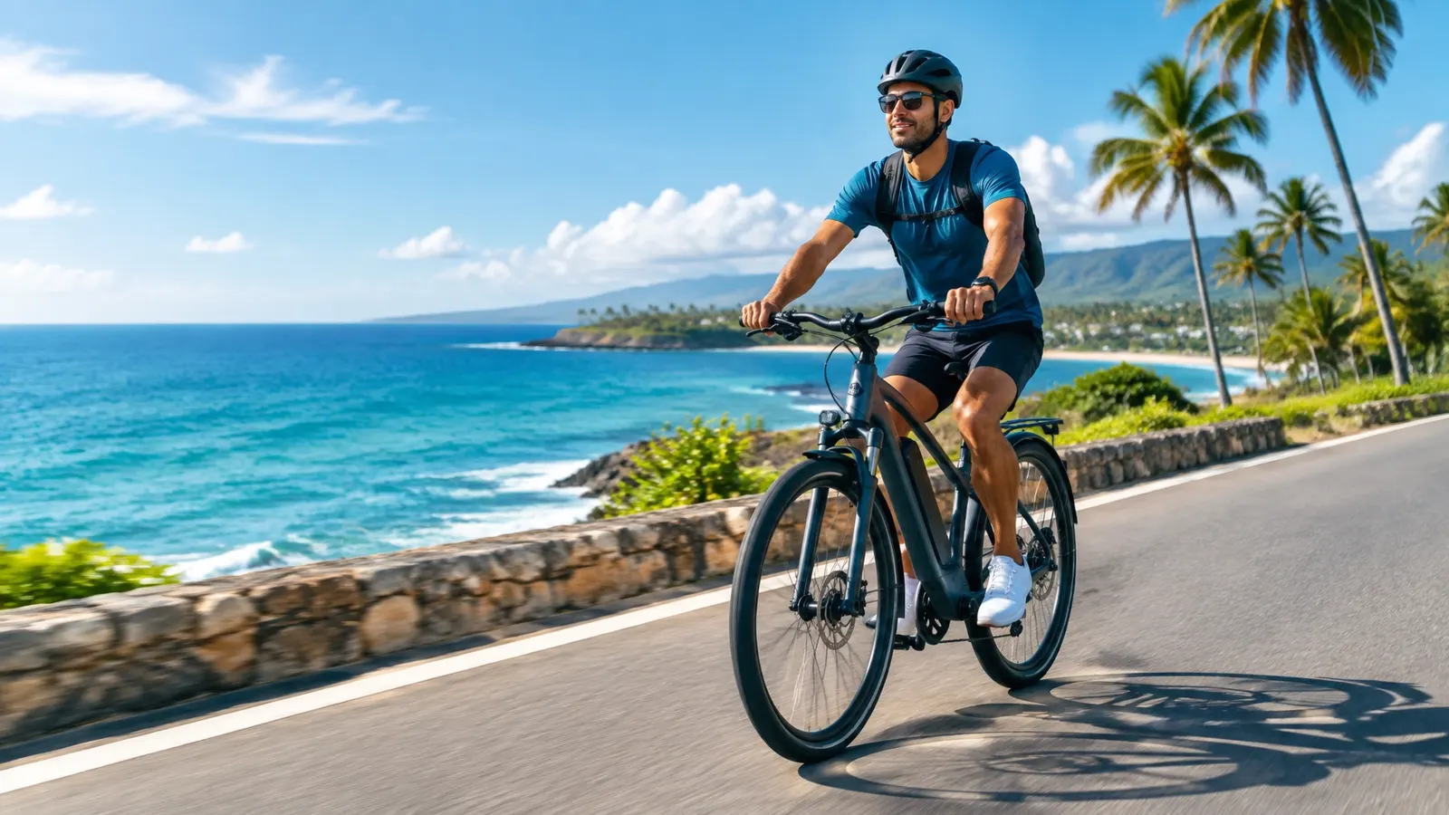 Ciclista en una bicicleta eléctrica por una carretera costera de República Dominicana