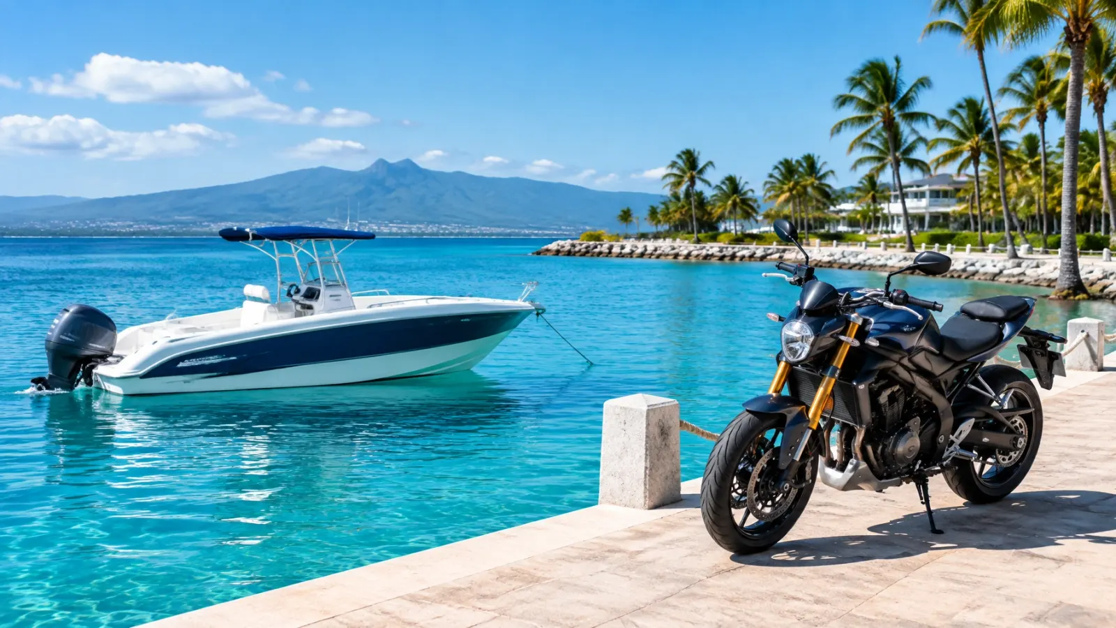 Embarcación recreativa en aguas del Caribe junto a una motocicleta en una marina