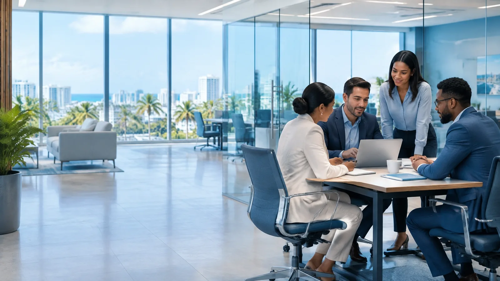 Professionals collaborating in a bright modern business office