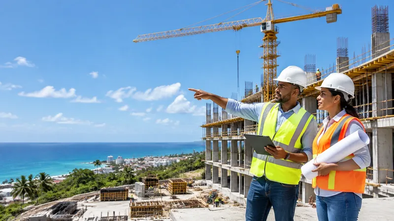 Active construction site with a crane, concrete structure, and workers wearing safety helmets