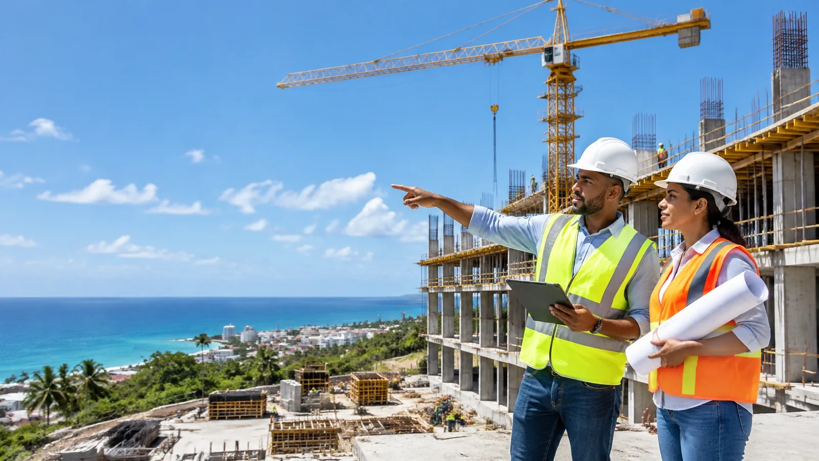 Active construction site with a crane, concrete structure, and workers wearing safety helmets