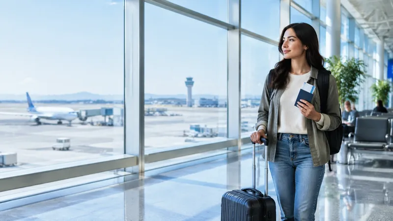 Traveler with passport and luggage in an international airport